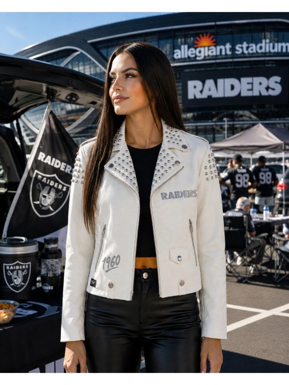 The Wild Collective Las Vegas Raiders Studded Moto Jacket White Women M NWT